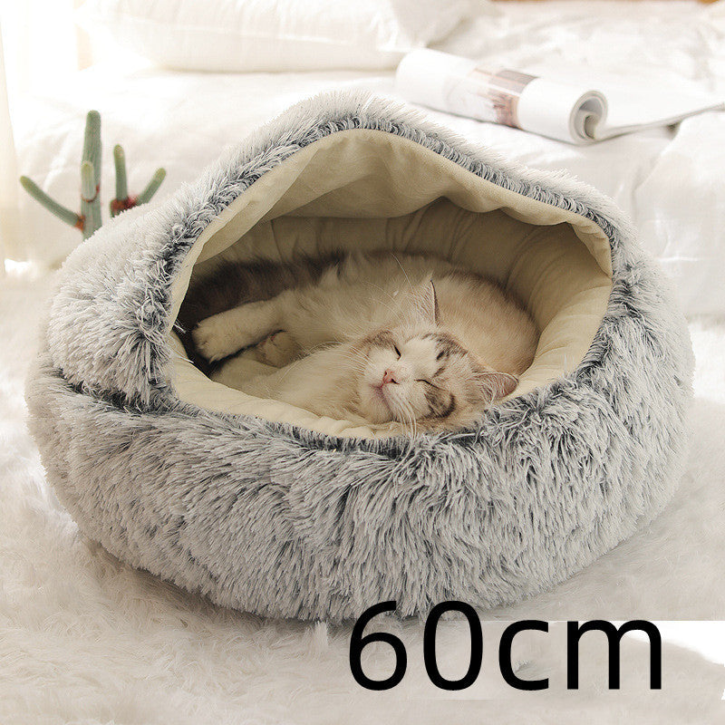 Lit 2 en 1 pour chien et chat - Lit d'hiver rond en peluche chaud pour animaux de compagnie - Lit doux et long en peluche pour animaux de compagnie